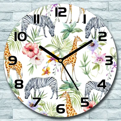 Produktbild von Wanduhr aus Glas Rund fi 30 Giraffen und Zebras Quarz Deko Wohnzimmer Büro