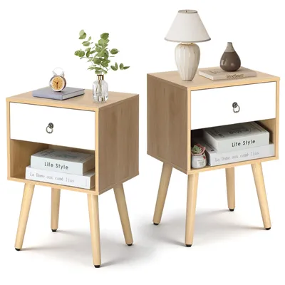 Immagine prodotto di FCH Set di 2 comodini, tavolino con ripiano aperto, cassetti, 38 x 30 x 55 cm, rovere e bianco
