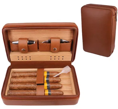 Produktbild von Reise-Zigarrenhumidor aus Leder, tragbarer Zedernholz-Humidor mit Befeuchter für 4 Zigarren