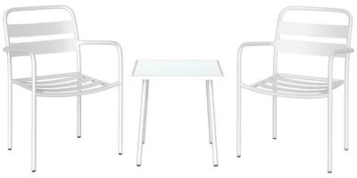 Produktbild von Bistroset 3 teiliges Metall Gartenmöbel-Set mit 2 Gartenstühlen, Glastisch, Lamellen-Design, Rostbeständig