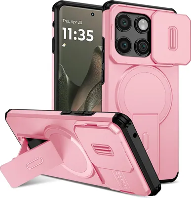 Obrázek produktu pro Magnetické pouzdro pro Motorola Edge 2025, dvouvrstvé odolné pouzdro s posuvnou ochranou fotoaparátu a nastavitelným stojánkem Růžová