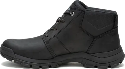 A side view of a black Caterpillar Threshold Chukka boot.