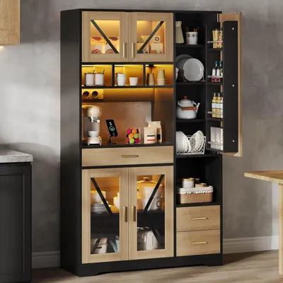 Image de Armoire de cuisine haute avec éclairage LED et prises, meuble de rangement avec porte en verre, style rustique, 185x40x105 cm, couleur naturelle