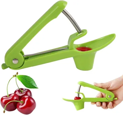 Produktbild von Kirschentsteiner manuell - Kirschentkerner - mit Silikonhalterung und Verriegelung - Obstentsteiner für Kirschen, Oliven und Pflaumen - Grün