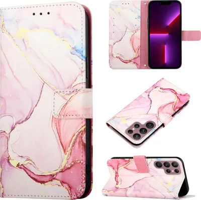 Produktbild von Galaxy S22 Ultra Hülle, Marmor Motiv Kunstleder Tasche Wallet Kartenfächer mit Standfunktion Klapp Schutzhülle für Samsung Galaxy S22 Ultra Pink Weiß