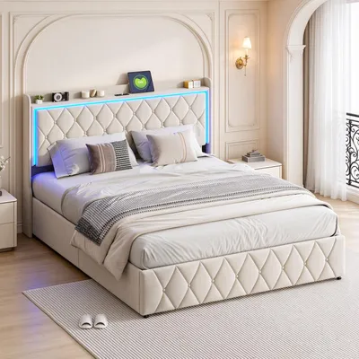 Immagine prodotto di Letto imbottito INONEFT 160x200 cm con USB, struttura a molle con sistema di sollevamento idraulico, contenitore portaoggetti, rivestito in ecopelle, letto matrimoniale con rete a doghe, tessuto velluto, colore beige