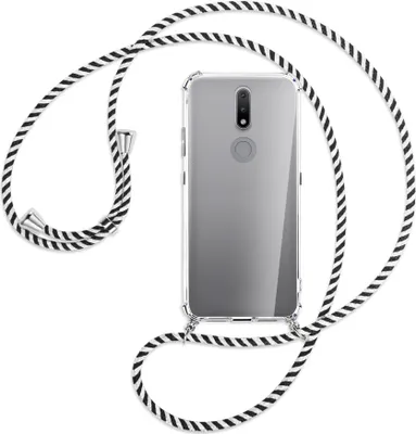 Produktbild von Handykette Backcover-Schutzhülle mit Band (Metall silberfarben) für Nokia 2.4 - schwarz/weiß gestreift