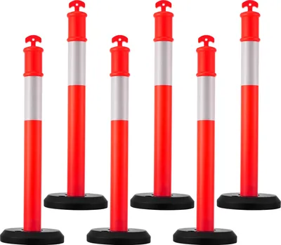 Immagine prodotto di SucceBuy Set di 6 paletti di controllo del traffico (114 cm) con base riempibile e strisce riflettenti, paletti di segnalazione per cantieri, parcheggi e barriere di controllo della folla, rosso