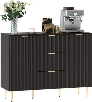 Image de HOMCOM Buffet meuble cuisine rangement meuble de rangement avec 3 tiroirs, étagères réglables, placards à portes cannelées et pieds en métal, buffet salle à manger et salon, 120 x 40 x 90 cm, noir