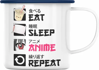 Produktbild von Trendation -  Eat Sleep Anime Emaille Tasse Geschenk Spruch Emaille Emaille Tasse Geschenke Deko (Blau)