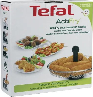 Packaging for a Tefal ActiFry snack accessory.