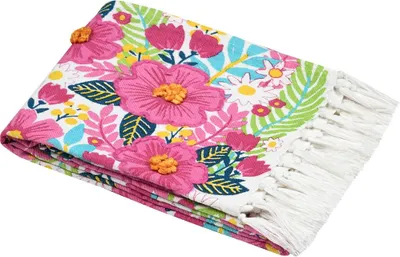 Produktbild von Strandtuch Hamamtuch Plaid Fouta Blumen mit Fransenrand pink 90x180cm