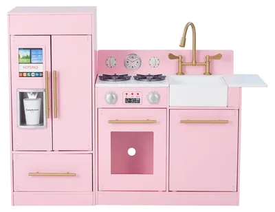 Produktbild von Teamson Kids Little Chef Chelsea – modulare Holzküche in Rosa/Gold mit Belfast-Spüle, Kühlschrank mit Wasserspender-Attrappe, Herd und Zubehör