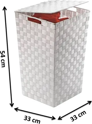 A white woven laundry basket with a lid, showing its dimensions.