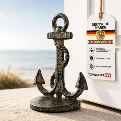 Produktbild von Türstopper Anker aus Gusseisen, maritimer Türhalter schwer für Innen und Außen, dekorativer Türpuffer Metall im Vintage Look, Anchor Deko braun