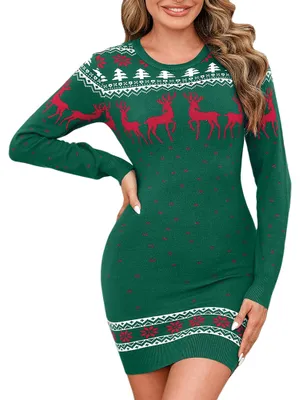 Productafbeelding van Irevial Kersttrui voor dames, ronde hals, met sneeuwvlokken, groen, maat S