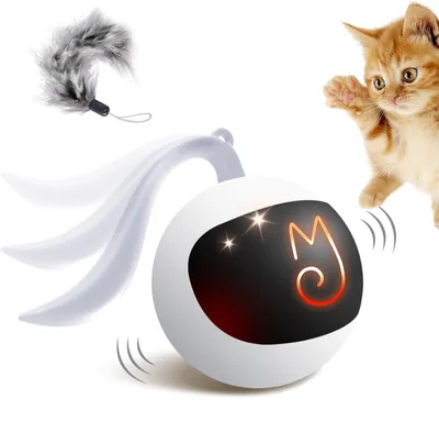 Katzenspielzeug, beweglicher Ball, Plüschmäuse & Federn, USB-aufladbar, weiß