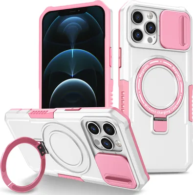 Produktbild von Handyhülle für iPhone 12 /iPhone 12 Pro Kompatibel mit MagSafe, Robuste Hülle mit Schiebe Kamera Schutz, Magnetischer Ringständer Weiß Pink