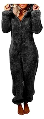 Produktbild von Damen Jumpsuit aus Teddy-Fleece, warmer Overall, einteiliger Onesie für den Winter, flauschiger Schlafanzug mit Kapuze, langer Schlafoverall, eleganter Anzug in einfarbig, Loungewear