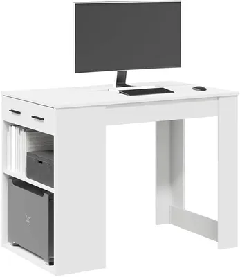 Imagen del producto de Escritorio con cajón y estantería, color blanco, de madera, ideal para ordenador, para dormitorio, salón, oficina, despacho, escritorios para ordenador