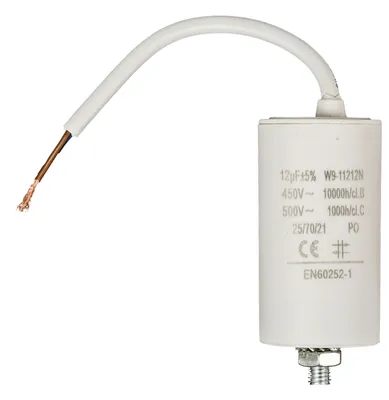 A white capacitor with a white cable and a copper wire end against a white background.