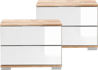 Produktbild von Schlafzimmer 2er Set Nachttisch Nachtschrank in Plankeneiche Nb. mit weißem Glas ELSTRA-43, B/H/T ca. 52/40/38 cm