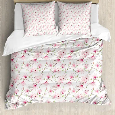 Produktbild von ABAKUHAUS Blumen Bettbezug Set, Illustration von frisch blühenden Frühlings-Magnolien-Blumen und -blättern auf Niederlassungen, 200 x 200 cm + 80 x 80 cm, Mehrfarbig