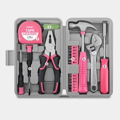 Produktbild von ZELURXX 20 Stk Werkzeugsatz für Haushalte, Multifunktional, Schraubendreher, Schraubenschlüssel, Reparatur Werkzeugkasten, 20 x 12 x 5 cm, Rosa