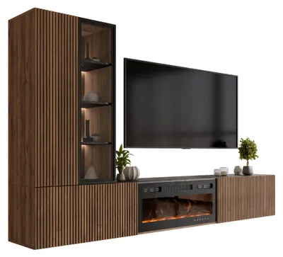 Produktbild von MIRJAN24 Wohnwand Tiwori, Wohnzimmer Möbel Set, Mit Kamin, Griffloses Öffnungssystem push to open, 2er-Set (Farbe: Nuss Warmia / Nuss Warmia + Marmor Schwarz)