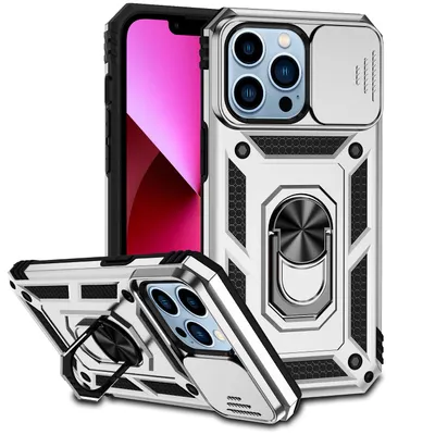 Immagine prodotto di Custodia per iPhone 14 Pro Max a doppio strato con copertura scorrevole della fotocamera e supporto ad anello Argento
