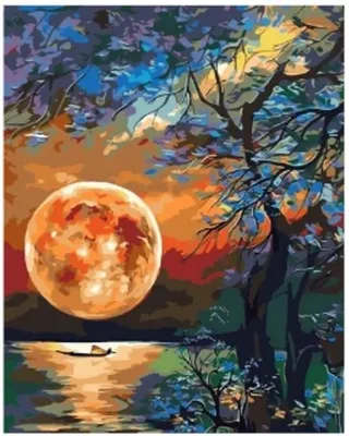 Produktbild von "Malen nach Zahlen: Orangefarbener Mond über einem See, 40x50 cm, auf Leinwand auf Keilrahmen."