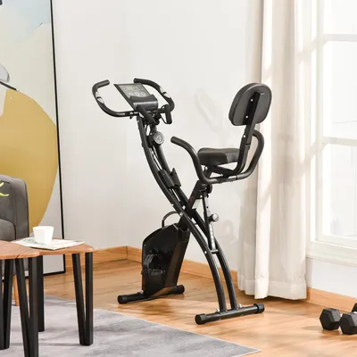 Image de Vélo d'appartement 2-en-1 pliable avec câble de tension, ergomètre couché à résistance magnétique, support de vélo en acier, noir | 105 x 48 x 118 cm | 8 niveaux | Écran LCD