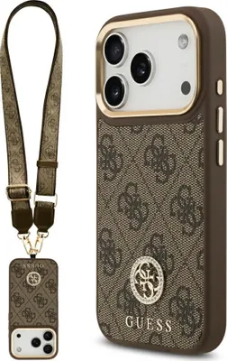 Zdjęcie produktu dla GUESS case passend für IPHONE 17 Pro compatible with MagSafe GUHMP17LP4G4DCSW (PU W/ Strass Logo & Big Strap Metal Buttons) brown