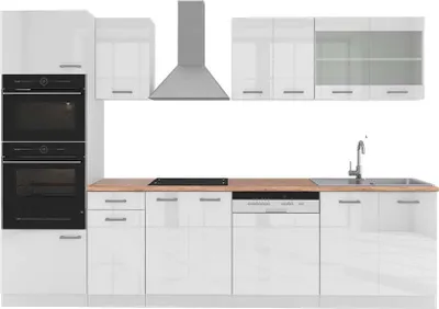 Produktbild von Küchenzeile Vicco R-Line Weiß Hochglanz 300 cm mit Hochschrank, AP Eiche, Model 42171
