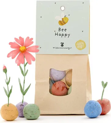 Obrázok produktu pre Bee Happy – farebné kvetinové guľôčky so semenami divokých kvetov, 8 guľôčok v papierovom vrecku