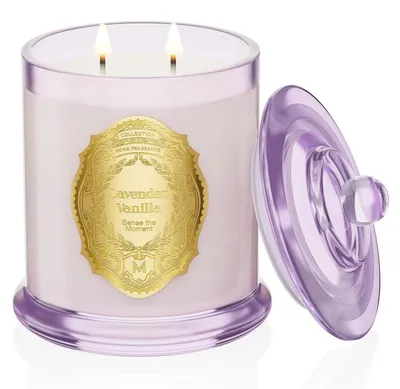 Productafbeelding van Geurkaars lavendel-vanille, sojawas, 360g, brandduur 70 uur, 2 lonten in een glazen pot