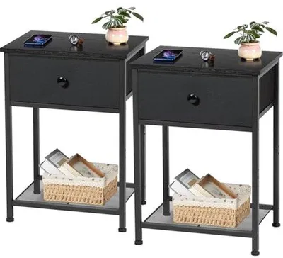 Image de Ensemble de tables de chevet - Tables d'appoint - Rangement pour chambre - Structure en acier - 40x30x55 cm - Noir