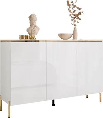 Produktbild von Dreitürige Kommode AURORA II weiß glänzend auf Beinen, Weiß / Weiß hochglanz, Beine: gerade gold chrom