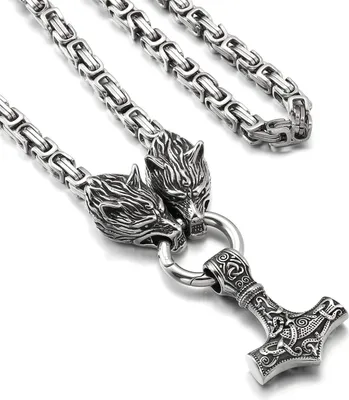Produktbild von Wikinger Thors Hammer Halskette Edelstahl Herren 50/60/70cm Wolf-Silber/schwarz/gold