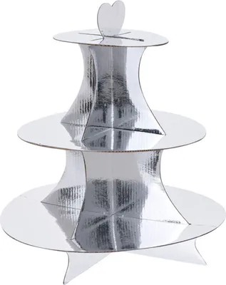 Produktbild von Karton Etagere 34 x 30 cm mit 3 Ablagen - silber - Servierplatte mit Herz Tragegriff - Dessert Muffin Kuchen Platte Papp Ständer