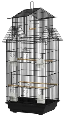 Produktbild von Vogelvoliere mit Schaukel, Tragegriff, 4 Futterstellen, 3 Sitzstangen, 50,5 x 41 x 104 cm, schwarzer Stahl