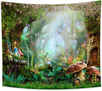 Productafbeelding van Wandtapijt met een psychedelisch elfjesbosmotief, 150x130 cm, geschikt voor de decoratie van slaapkamers