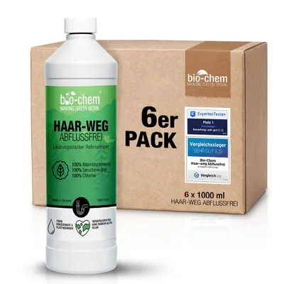 Produktbild von bio-chem Haar-Weg Abflussfrei – Abflussreiniger EXTRA STARK – 6x 1000 ML - Bis zu 20 Anwendungen je Flasche Rohrreiniger – Extrem effektiv & materialschonend gegen Verstopfungen & Haare -  DE