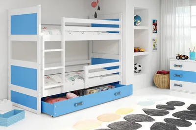 Zdjęcie produktu dla Łóżko piętrowe dla dzieci ze schowkiem i materacami 80 x 190 FERGUS – białe/niebieskie