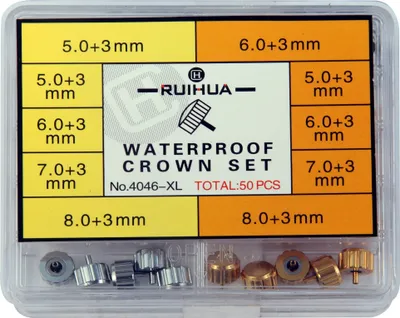 Produktbild von Uhrenkronen Sortiment, 50 Stück, Ø 5 mm - 8 mm, wasserdicht