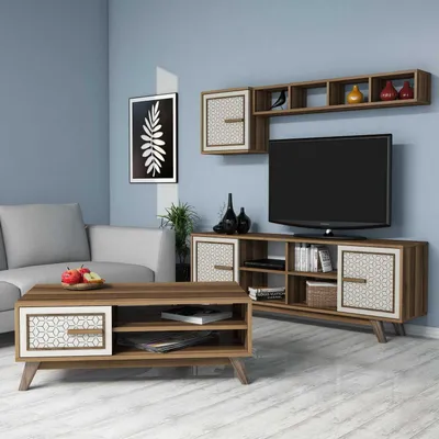 Obrázek produktu pro Skye Decor, Ayla - ořech, krémová, sestava nábytku do obývacího pokoje, ořech, 100 % MELAMÍNEM POVLÁKNĚNÉ PANELY, 160 x 35 x 56,2 cm