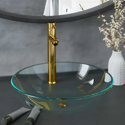 Produktbild von ZMH Waschbecken mit Wasserhahn und Ablaufgarnitur aus gehärtetem