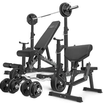Produktbild von Marbo Sport - Set MS5_2.0_113KG | Doppelseitige Bank + verstellbare Ständer + Scott Bank - mit höhenverstellbaren Armpolster + Stangen- und Hantelscheiben Set 113 kg