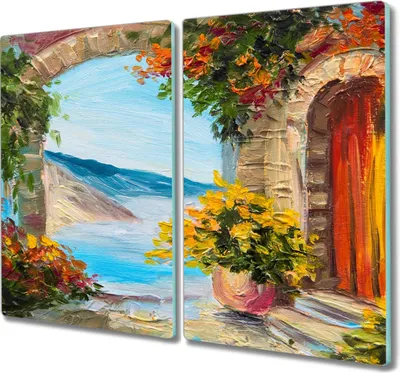Produktbild von Coloray Küchenbrett Kochplattenabdeckung Hackbrett Schneidebrett Herdabdeckplatte 2x30x52 cm - Blumen Haus Meer