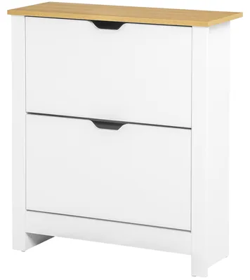 Image de Étagère à chaussures, meuble de rangement pour chaussures avec portes rabattables, 2 compartiments, blanc et bois naturel | Panneau de particules MDF | Pour 12 paires | 72 x 26 x 80 cm
